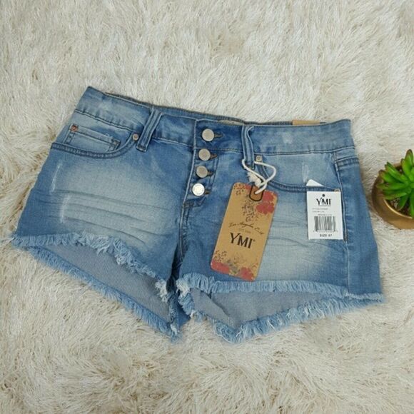 YMI  Middle Rise Distress Fray Hem Denim Shorts - Picture 1 of 5